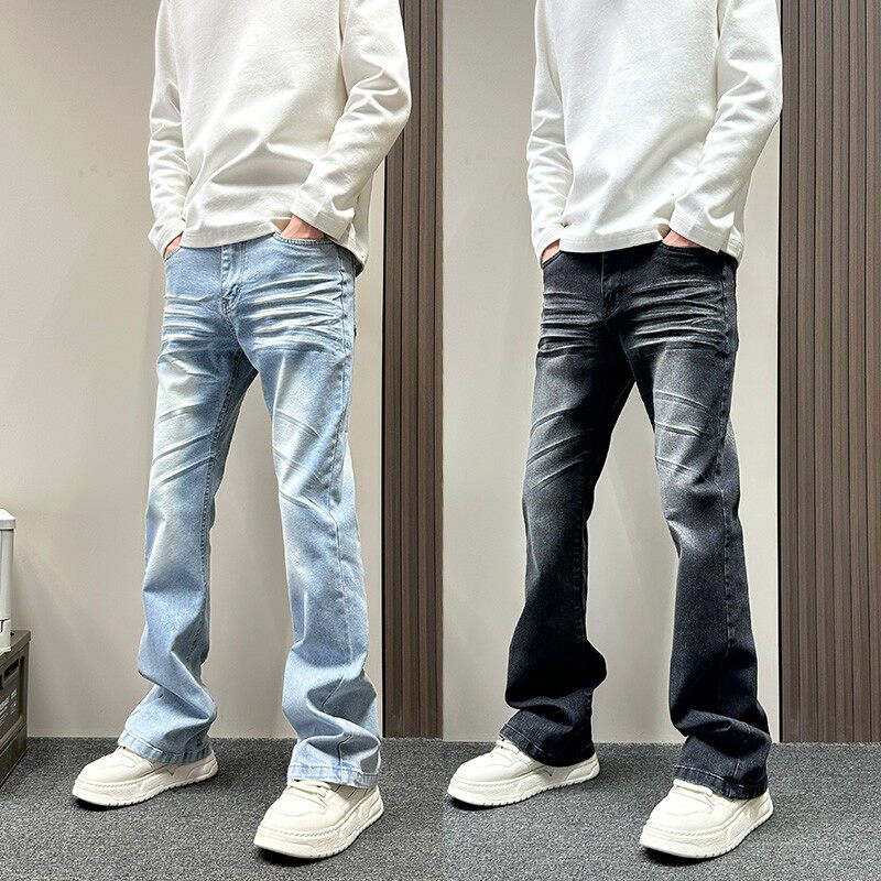 设计感猫须纹微喇浅蓝色牛仔裤男款春秋季cleanfit显瘦宽松直筒裤