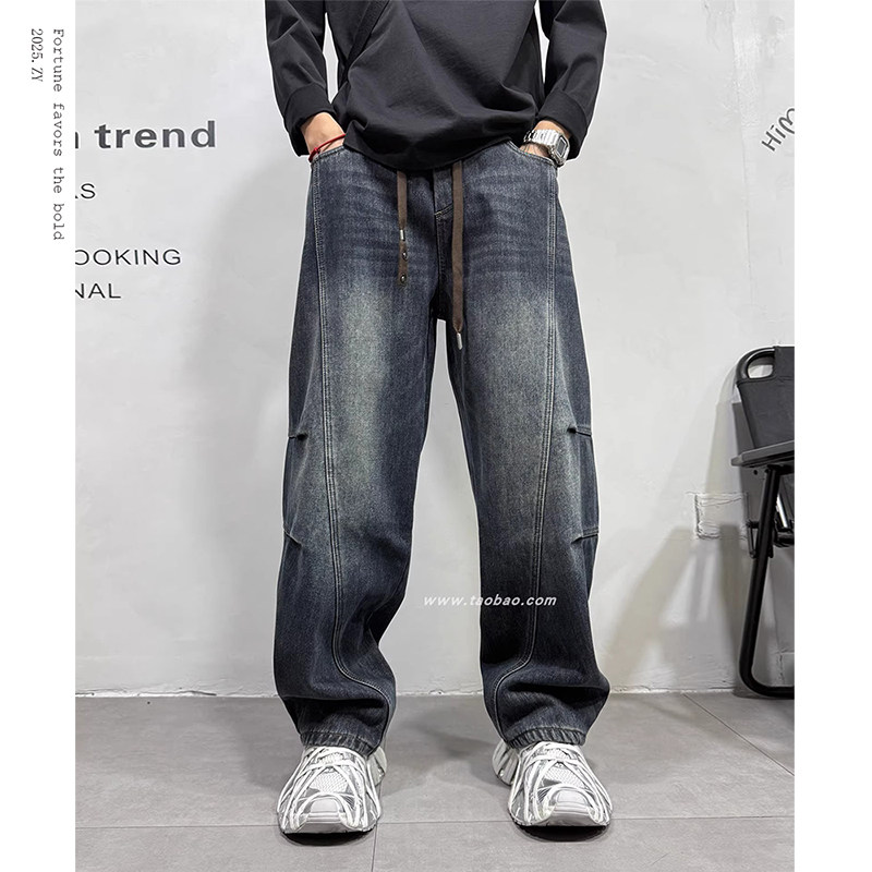 美式复古弯刀牛仔裤男加绒士2025秋冬季宽松直筒水洗加厚休闲裤子