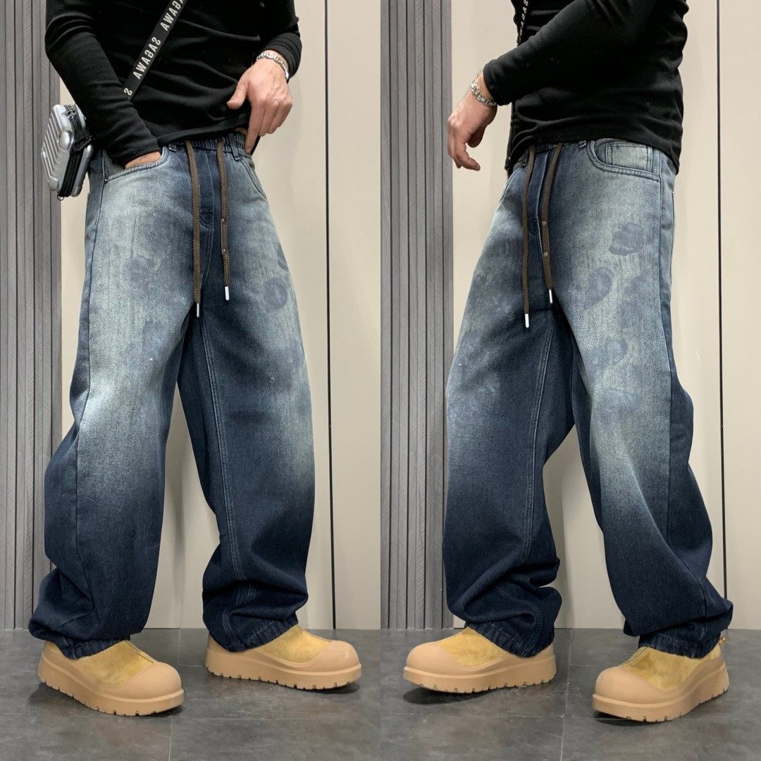 美式复古水洗牛仔裤男宽松松紧腰直筒2025年冬季新款加绒保暖长裤