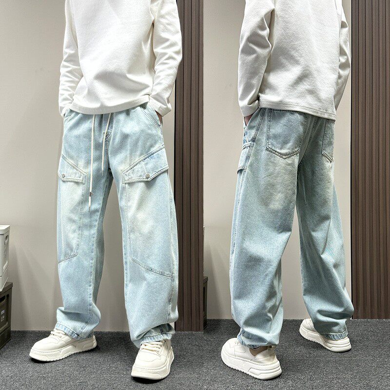 2026春秋新款浅蓝色水洗弯刀牛仔裤男款美式潮牌宽松拼接直筒裤子