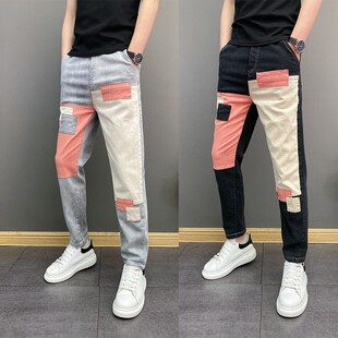 2026年春秋季潮流韩版百搭补丁乞丐裤青年男士个性直筒修身牛仔裤