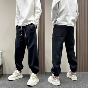 2026春秋新款黑色束脚休闲裤男士松紧腰绣标运动卫裤痞帅哈伦裤