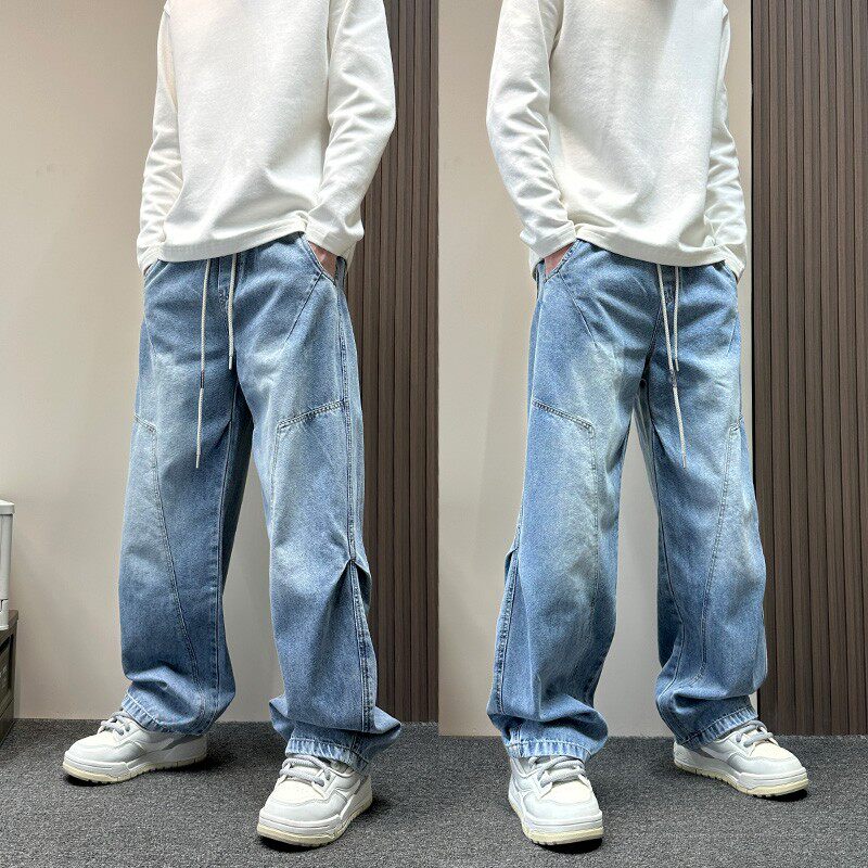 2026春秋新款松紧腰蓝色水洗牛仔裤男款美式潮牌宽松直筒弯刀裤子