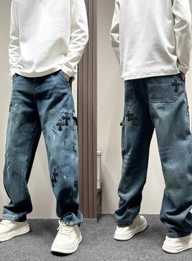 潮牌十字架刺绣复古蓝色牛仔裤男款设计感美式宽松直筒伐木弯刀裤