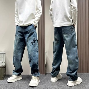 潮牌十字架刺绣复古蓝色牛仔裤男款设计感美式宽松直筒伐木弯刀裤