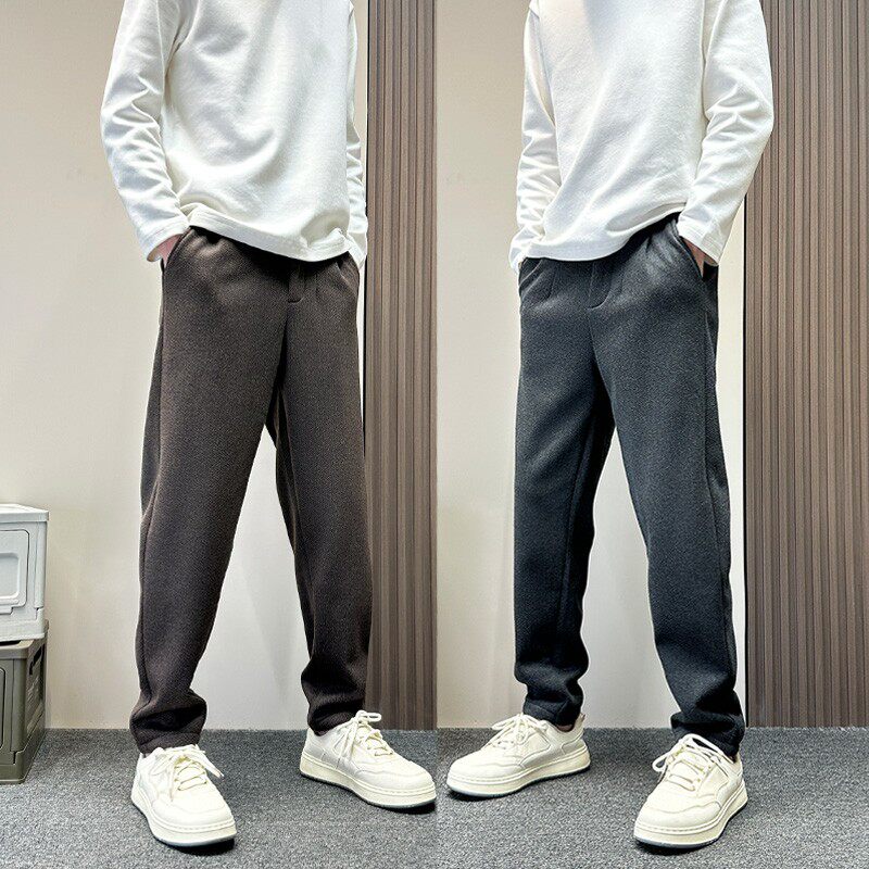 显瘦直筒弹力毛呢西裤男秋冬加绒高级感痞帅锥形哈伦休闲潮牌裤子