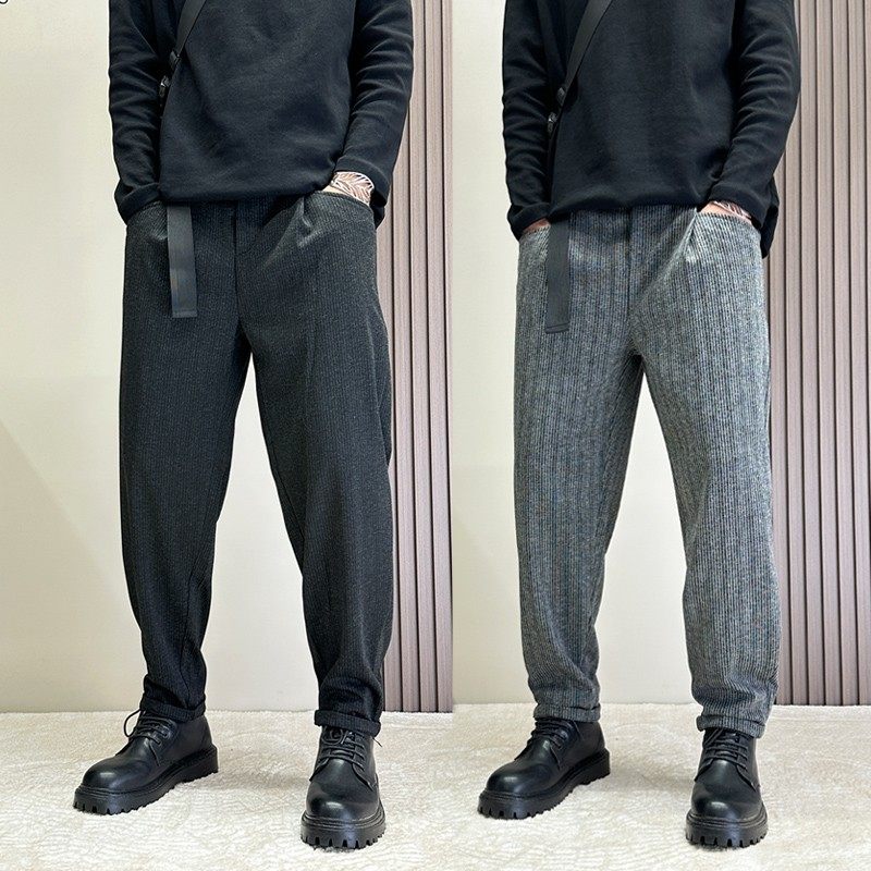 黑色西裤男秋冬款修身小脚裤高级感痞帅弹力九分毛呢直筒休闲裤子