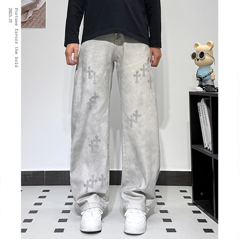 潮牌扎染脏脏白色十字架牛仔裤男款秋季宽松阔腿弯刀裤痞帅直筒裤