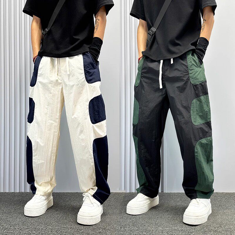 设计感撞色速干运动裤男夏季薄款宽松直筒裤痞帅潮牌美式休闲裤子