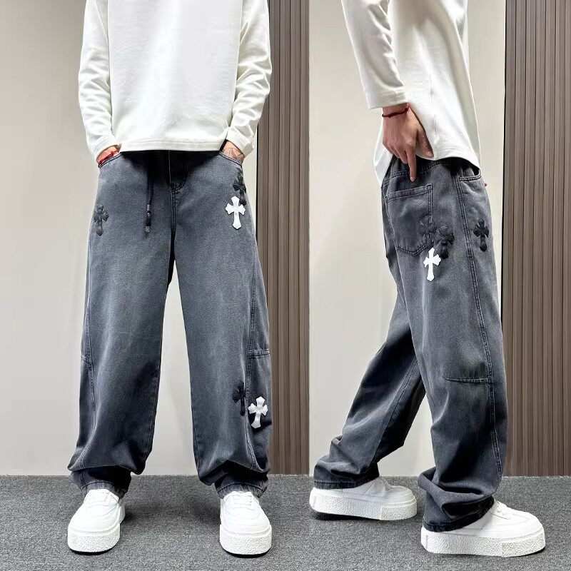 2026春夏季新款灰色做旧宽松直筒牛仔裤男款美式复古阔腿弯刀裤子