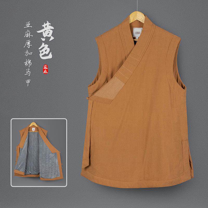 新款僧服斜襟马甲冬季亚麻加棉保暖男僧人冬季女伽蓝褂短背心棉袄
