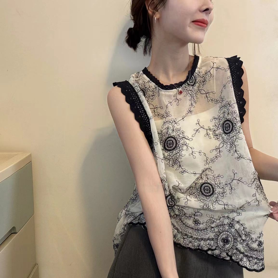 HANMIYA39036夏季2025新款女装白色蕾丝马甲女宽松圆领无袖背心潮