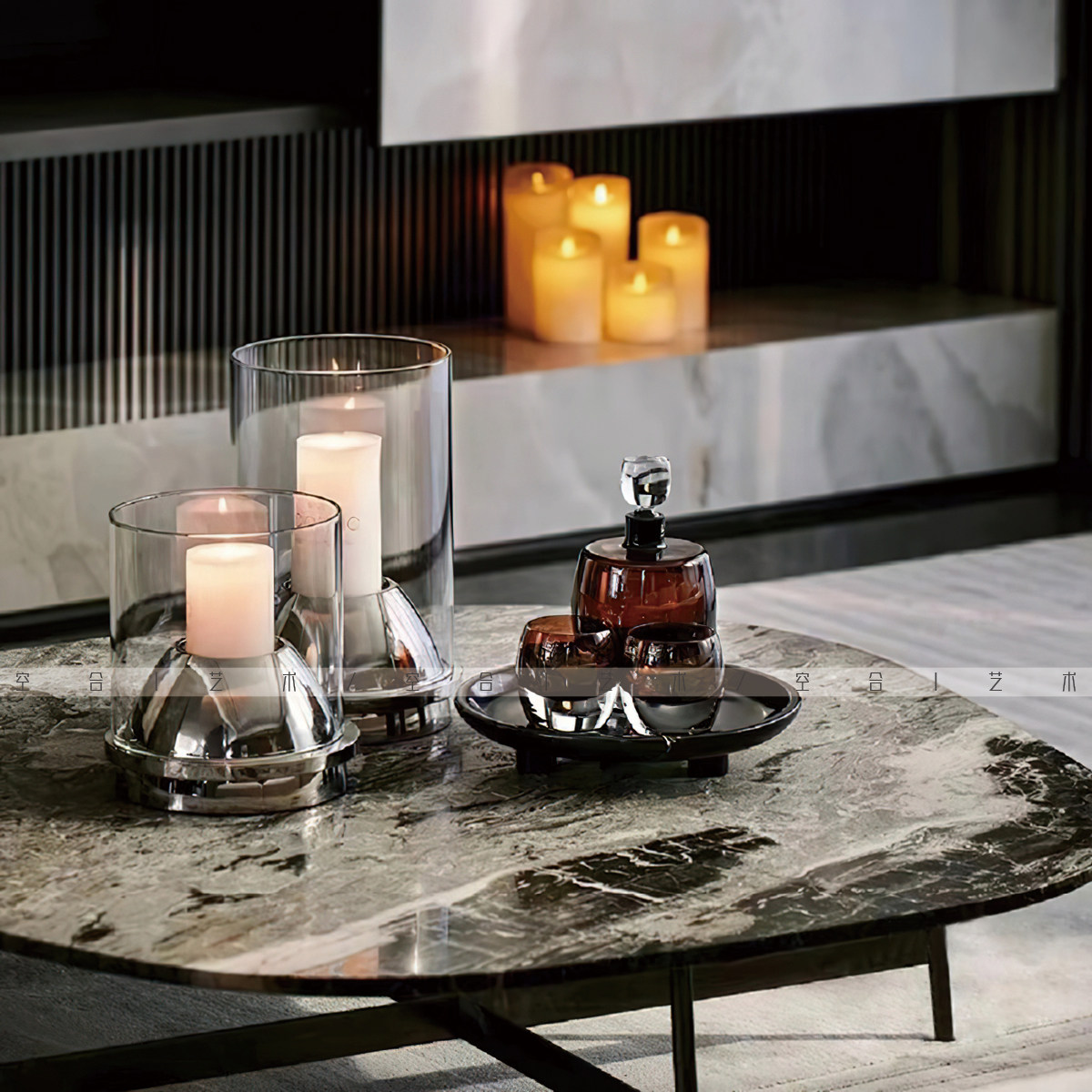 空合现代轻奢创意玻璃酒具烛台 样板间售楼处酒店玄关托盘摆件,家居饰品,装饰摆件,淘宝优惠券,粉丝福利购,淘宝优惠卷
