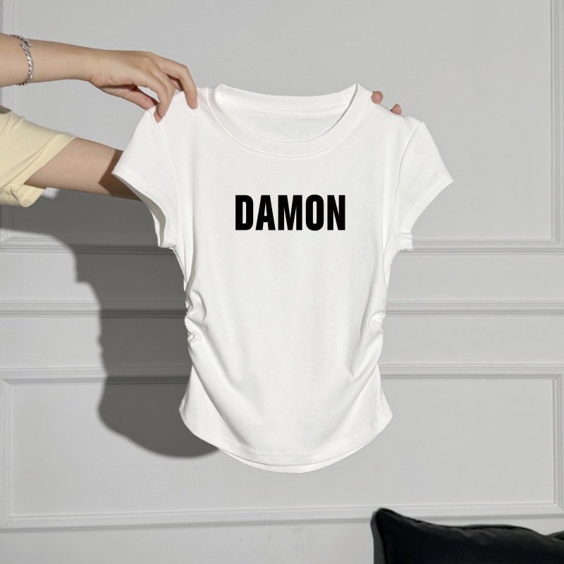 纯棉女童圆领正肩T恤短款中大童短袖儿童夏季褶皱收腰修身小上衣