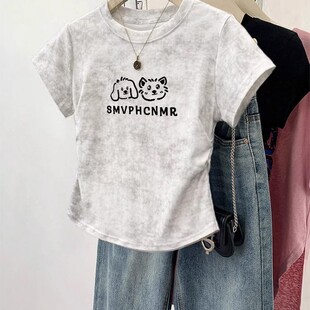 白色扎染正肩短袖女童t恤女夏季独特漂亮修身收腰短款上衣设计感