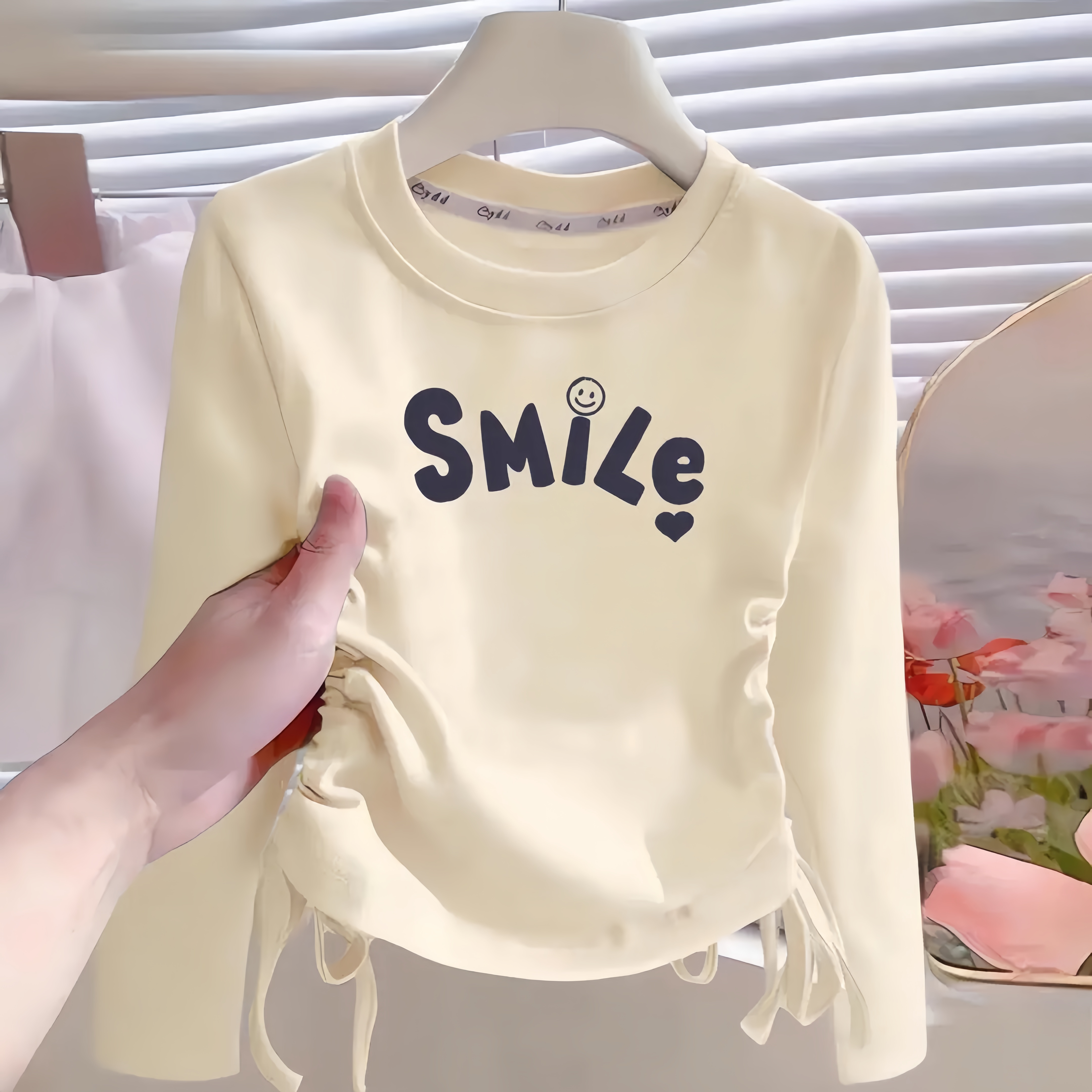 儿童春秋款洋气长袖T恤女童韩版纯棉抽绳短款打底衫中大童上衣服