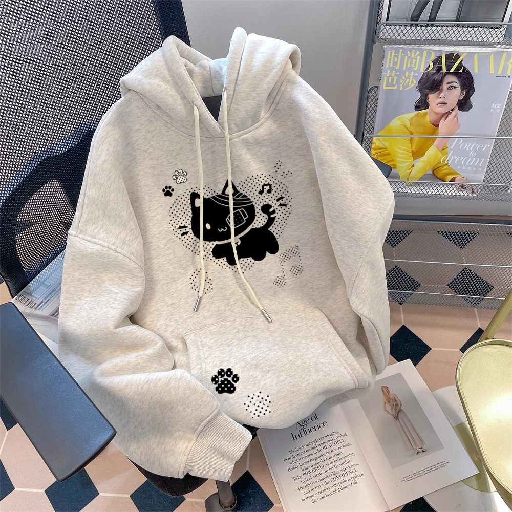 纯棉女童爱心小猫连帽卫衣女秋冬季新款加绒宽松百搭加厚上衣外套