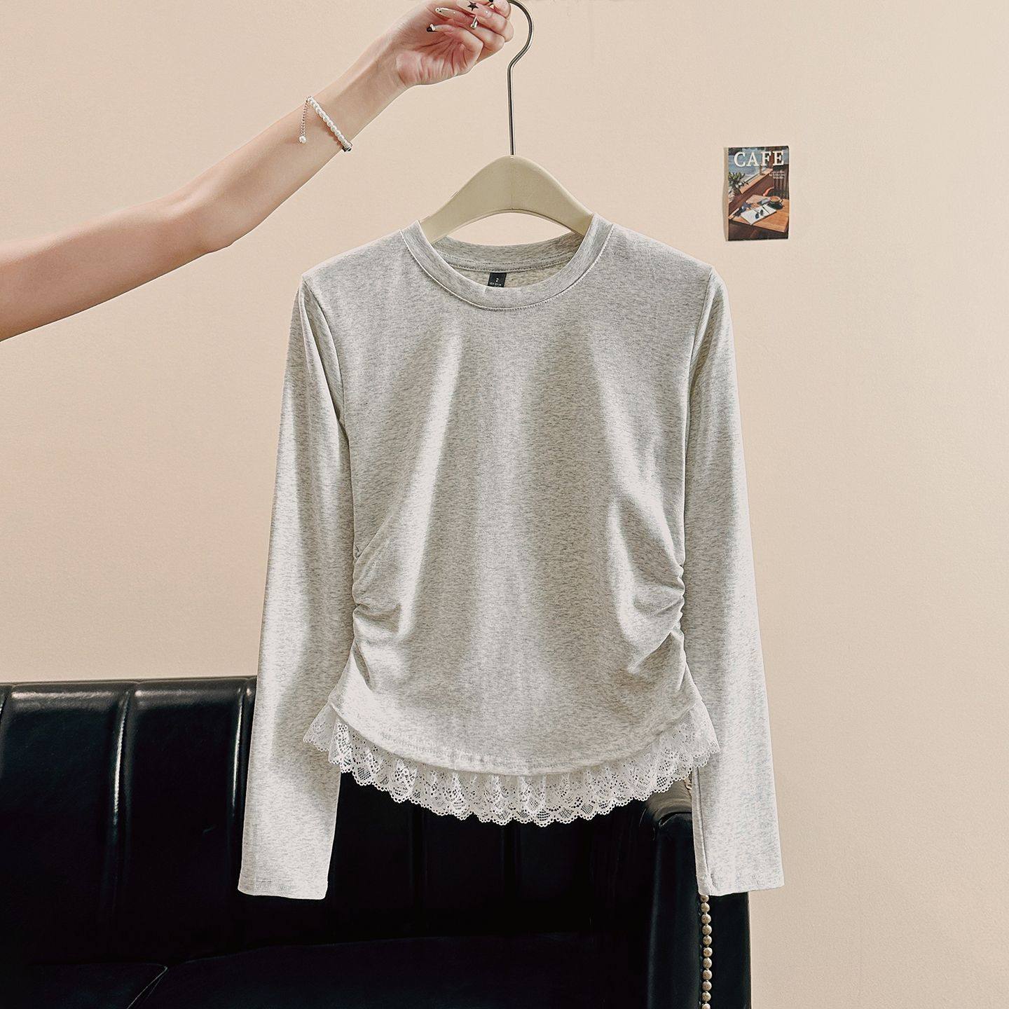 纯棉女童长袖蕾丝花边圆领正肩2026新款打底衫T恤女春秋修身上衣