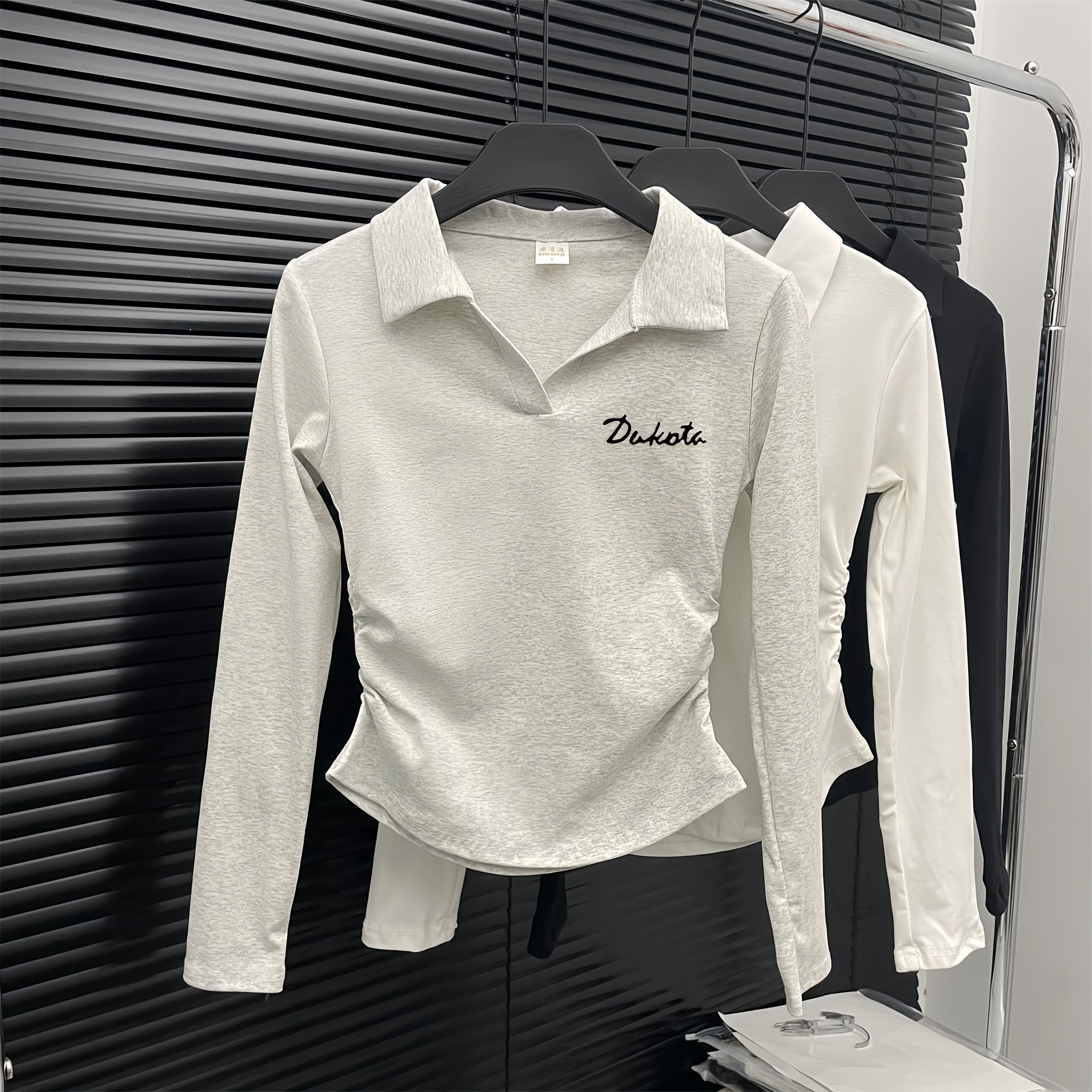 女童正肩polo领打底衫内搭春秋褶皱收腰中大童长袖T恤短修身上衣