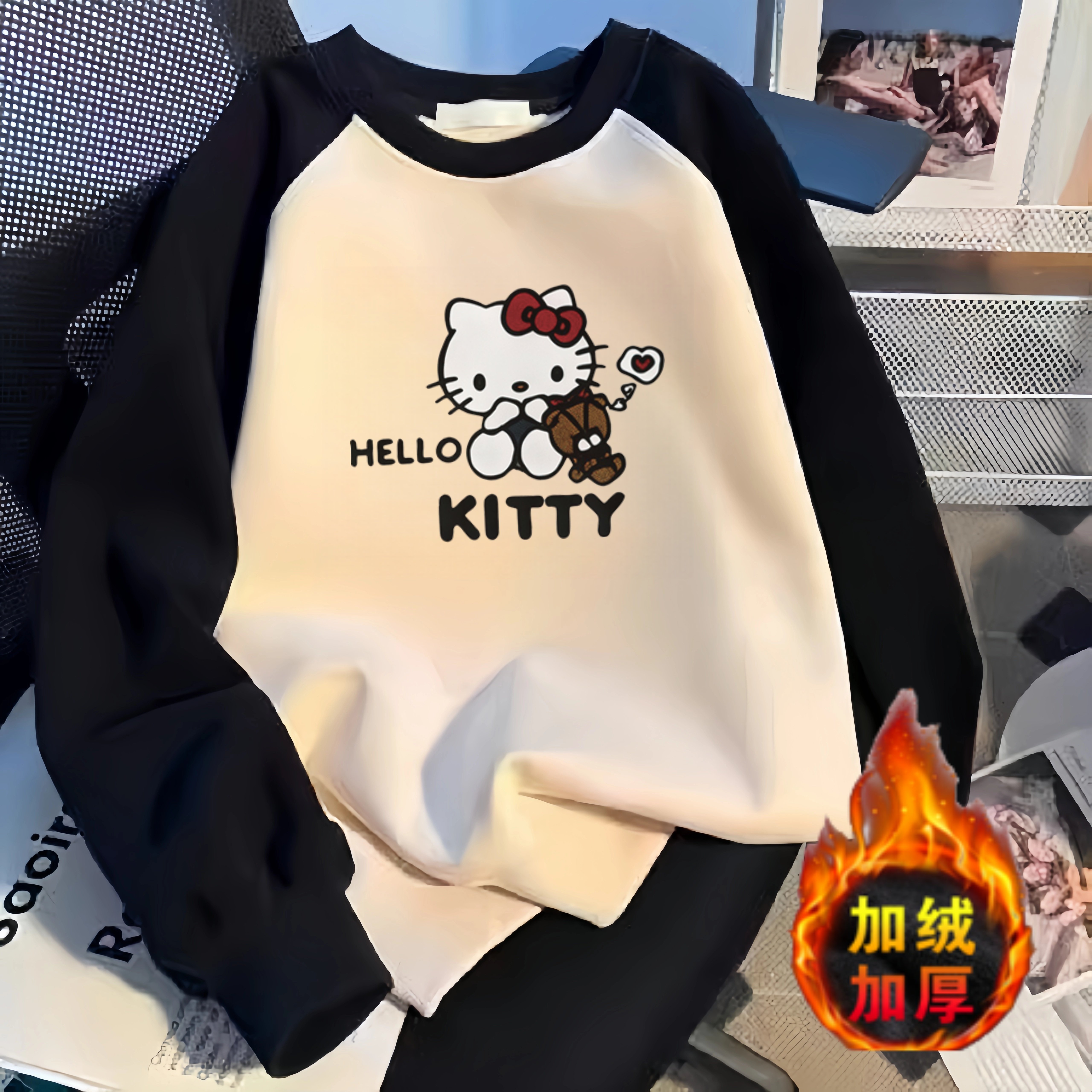 纯棉女童加绒加厚卫衣秋冬新款洋气插肩袖上衣中大童长袖打底衫