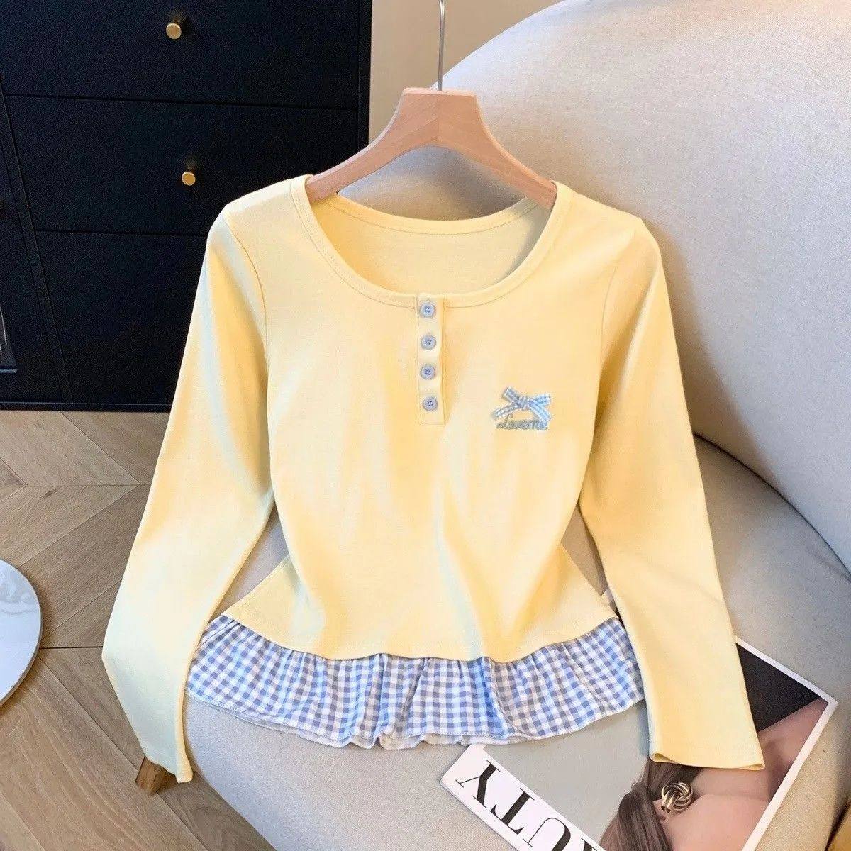 女童假两件格子拼接长袖T恤女春秋2025新款修身打底衫上衣洋气