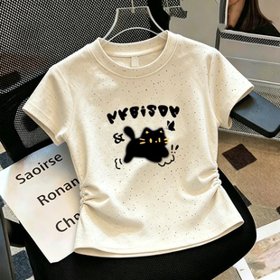 纯棉女童高腰短袖T恤夏季新款中大童收腰褶皱短款修身舞蹈服上衣