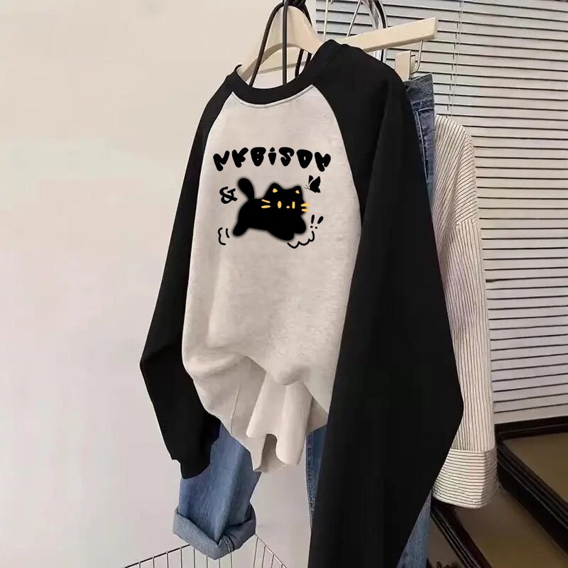 纯棉中大童撞色卫衣加绒秋冬新款宽松洋气女童圆领上衣插肩加厚