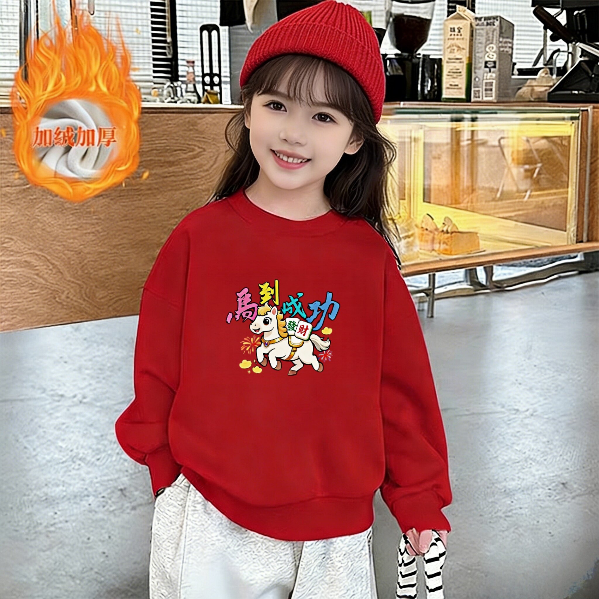 儿童红色卫衣2026马年秋冬装新款女童加绒衣服过年童装新年中大童