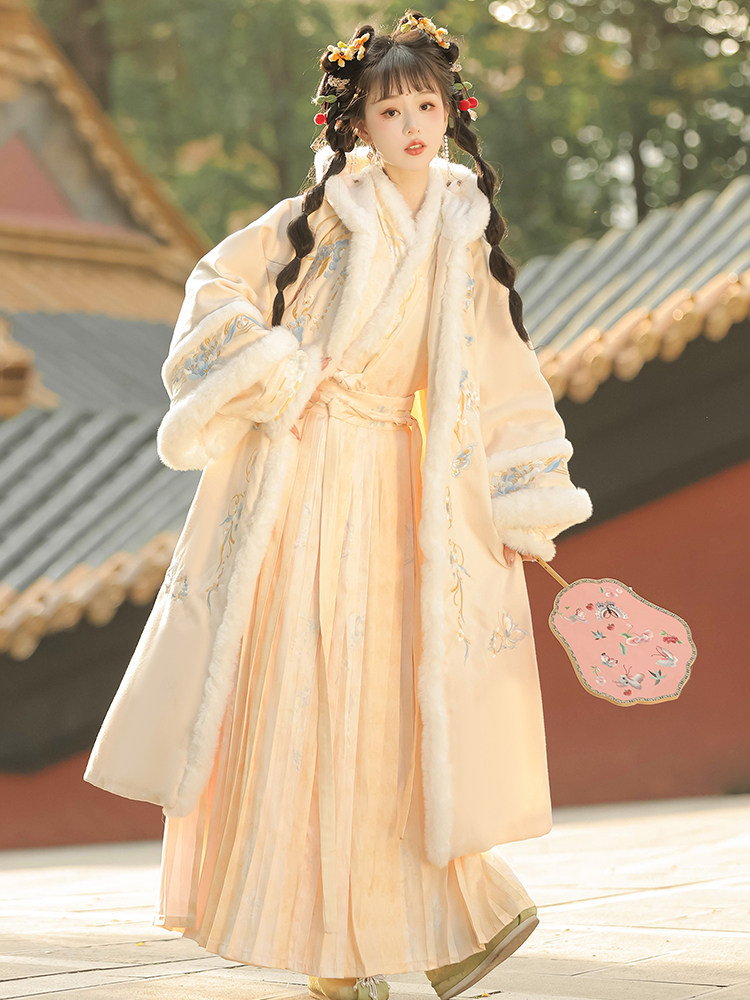 HAN AND TANG HUAYUN 원래 HANFU 여성 [HANJIANG SNOW] 송나라 더블 브레스트 플러스 벨벳과 두꺼운 후드 긴 수염 주름 스커트