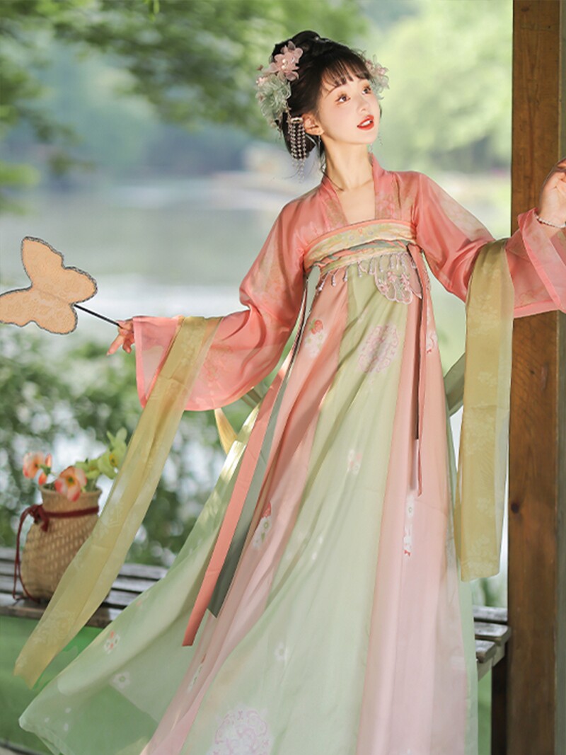 HAN AND TANG HUAYUN 원래 HANFU 여성 [SPRING WATER] 여름 데일리 스타일 자수 인쇄를위한 당나라 제작 가슴 길이 스커트