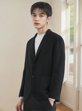 太平鸟男装2025冬款黑色大口袋羊毛双面呢西服便服外套B1BBD4207