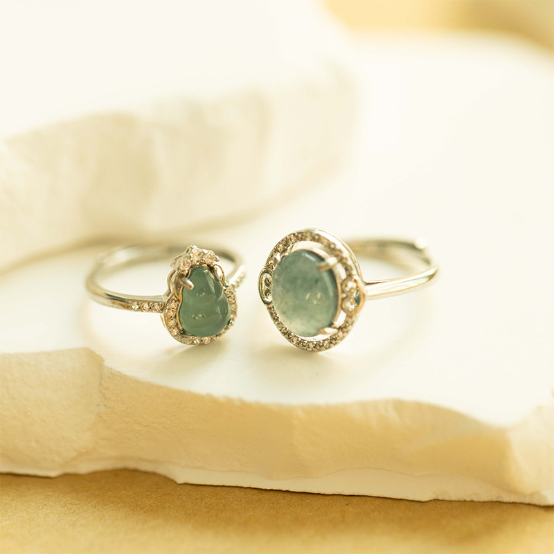 天然A货翡翠蓝水大蛋面戒指冰种玉石福禄指环镶嵌女戒可调节