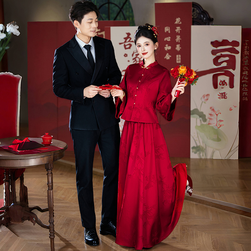 实拍新中式国风喜庆婚宴立领盘扣提花复古长袖礼服敬酒服套装