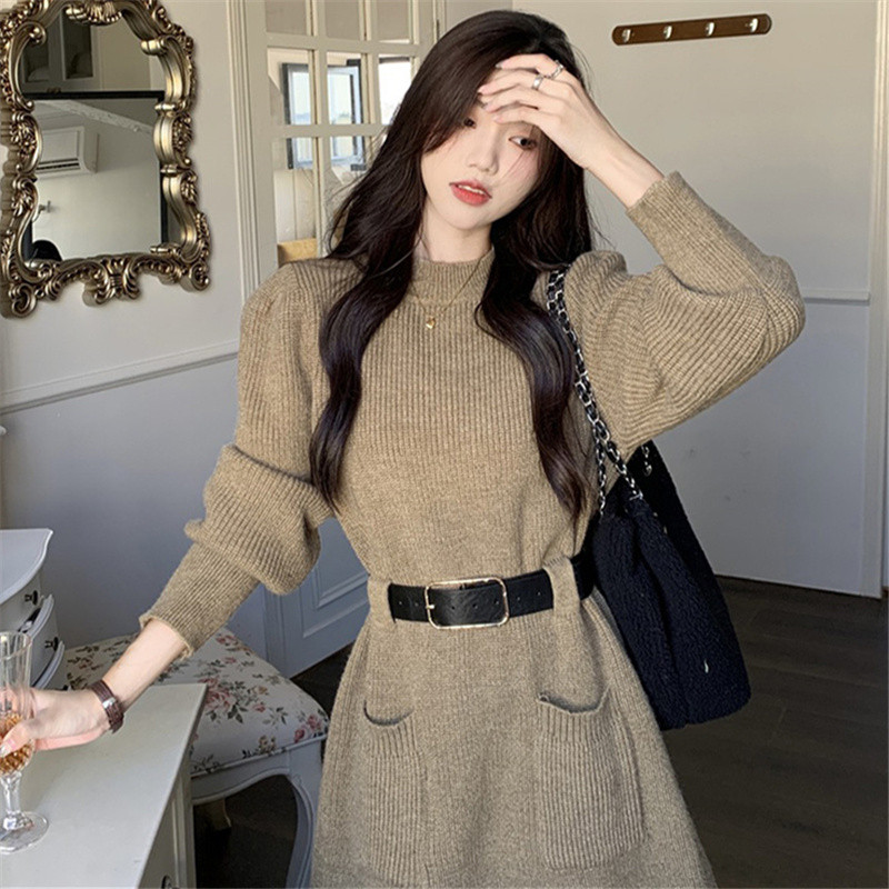 官图绵羊绒 泡泡袖针织收腰显瘦a字秋冬长袖连衣裙女 送腰带