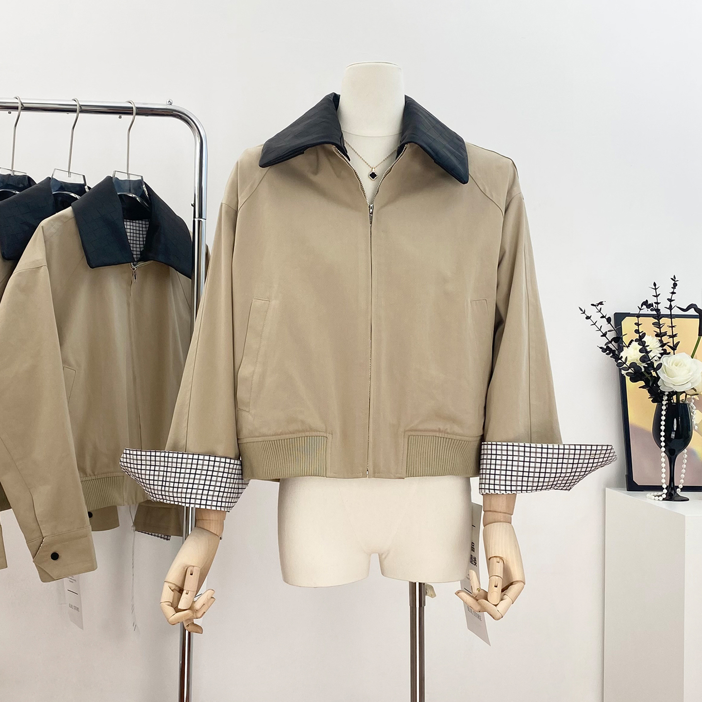 十三忻 b-v同款面料 可拆卸手工编织绵羊皮领 两穿夹克外套女款秋