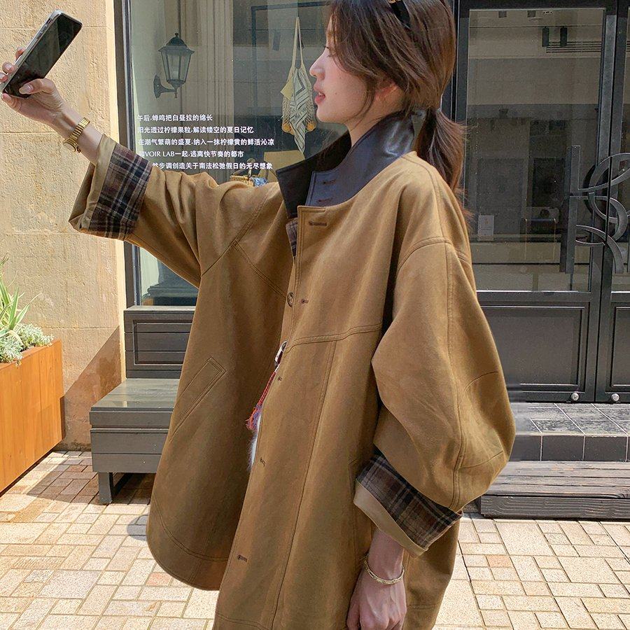 MIU系巴恩风咖色立领撞色格纹鹿皮绒分割设计感夹克外套女秋