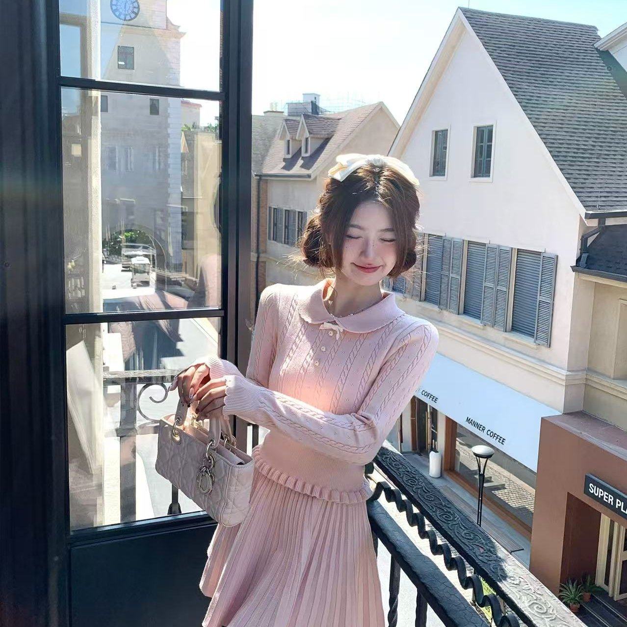 Q女家 进修校花/千金感粉色长袖上衣针织毛衣超好看秋冬裙子套装