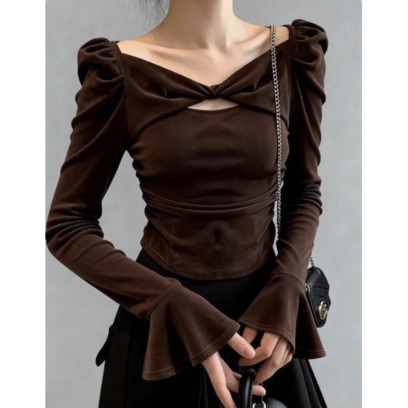 高端小资小上衣2025轻奢高级感法式气质职业蝴蝶结镂空咖色打底衫