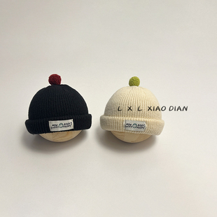 儿童帽子男童洋气笑脸布标帽顶毛球针织帽女童宝宝户外保暖毛线帽