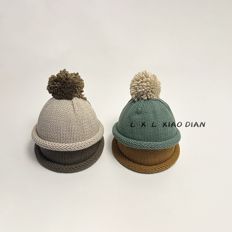 儿童帽子大毛球卷边针织套头帽