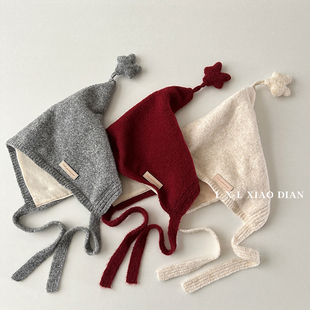 儿童护耳帽冬季洋气帽顶五角星双层系带针织帽男童女宝宝保暖帽子