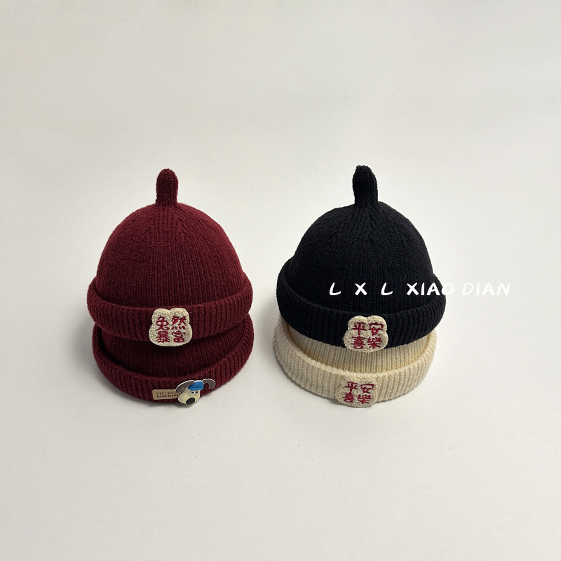 宝宝帽子秋冬季复古酒红新年针织套头奶嘴帽男童女宝宝百搭毛线帽
