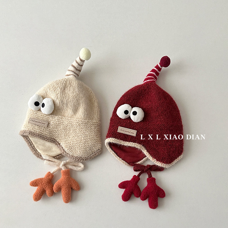 宝宝护耳帽秋冬季超萌可爱眼睛双层加厚毛线帽子男女童儿童保暖帽