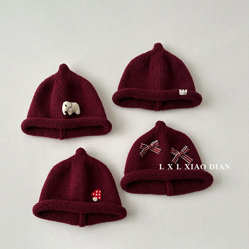 婴儿帽子女童复古酒红卷边针织奶嘴帽秋冬季男童拜年宝宝毛线帽潮