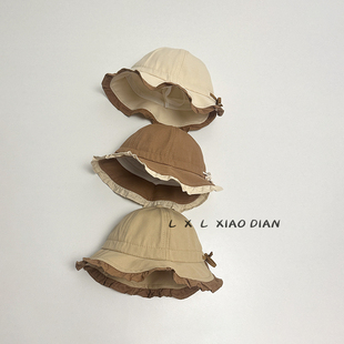 婴儿帽子洋气荷叶边洋气百搭遮阳渔夫帽婴幼儿女宝宝抽绳调节盆帽