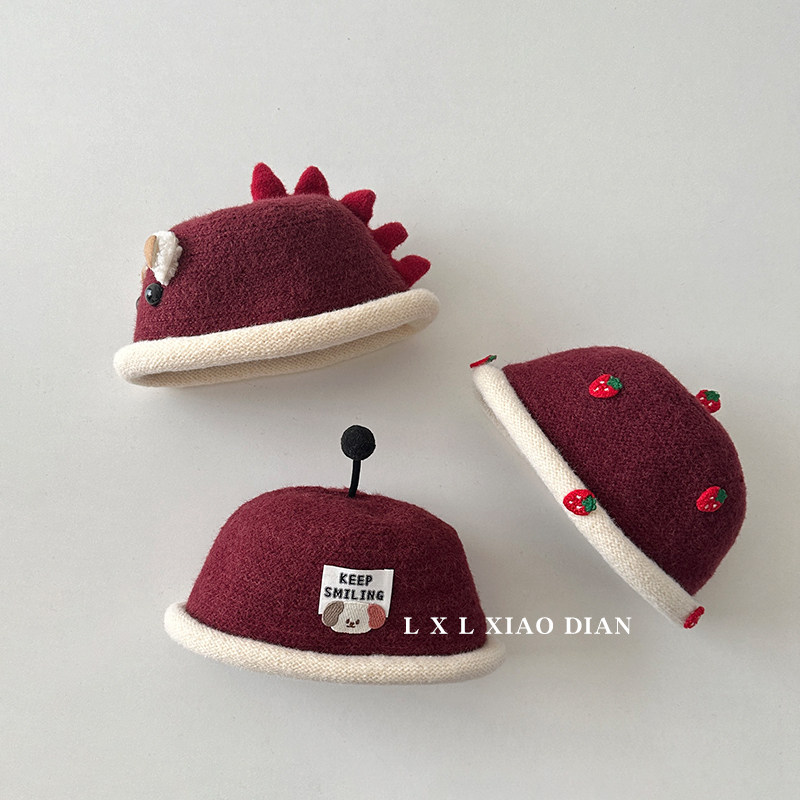 宝宝帽子男童复古酒红新年保暖针织套头帽女童秋冬季儿童毛线帽潮