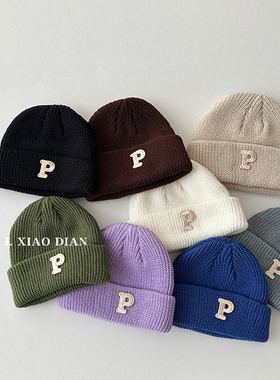 婴儿帽子男童洋气P字母细毛线针织瓜皮帽婴幼儿女宝宝穿搭毛线帽