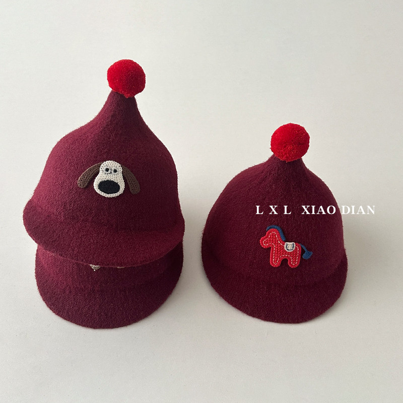 宝宝帽子秋冬季复古酒红超萌可爱小马毛呢短檐鸭舌帽男女童编织帽