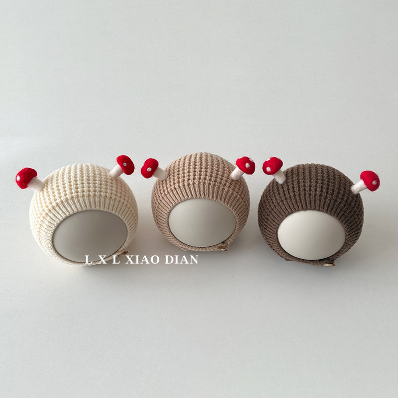 婴儿护耳帽超萌可爱小蘑菇双层内里保暖帽子0-6个月小宝宝毛线帽9