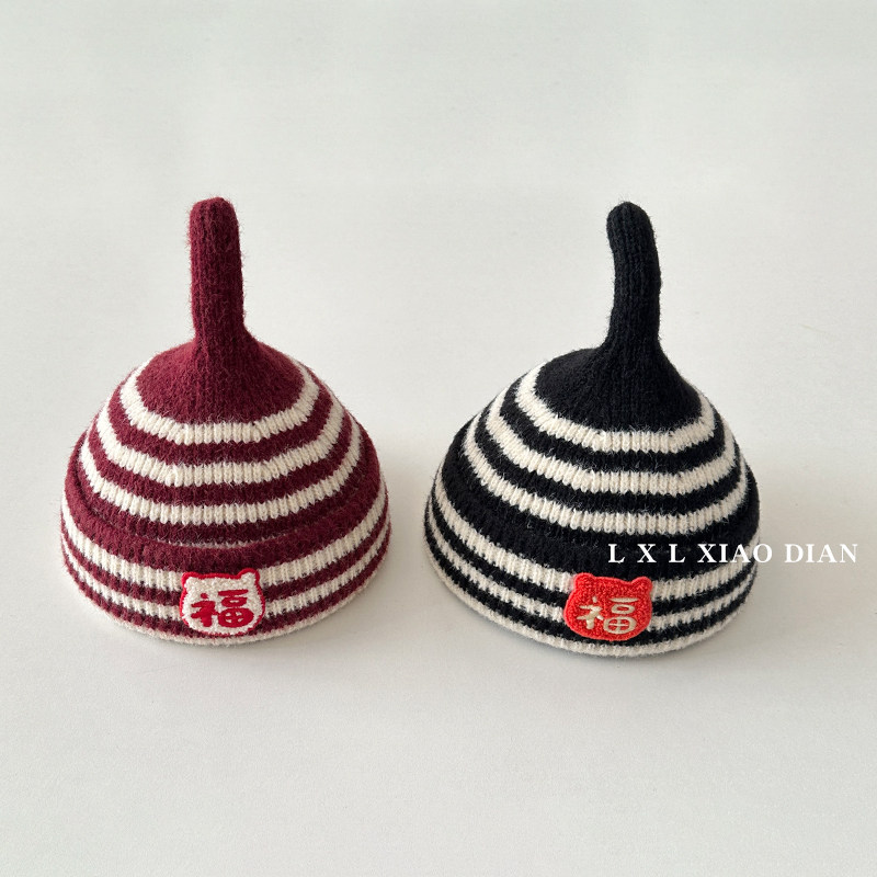 婴儿帽子男童冬季洋气条纹酒红复古穿搭凹造型毛线帽女宝宝针织帽